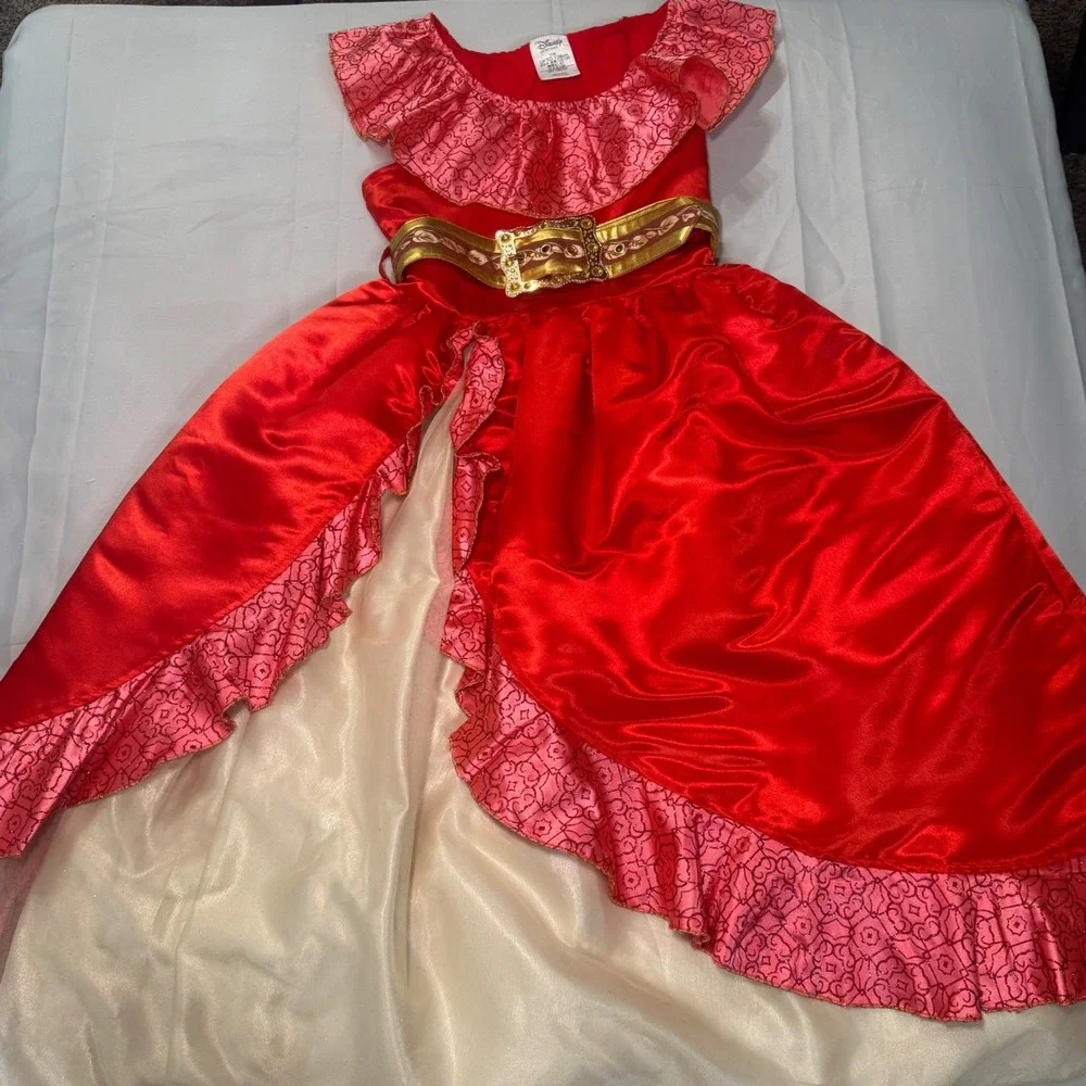 Disney Store Elena of Avalor Costume Dress Red Satin Gold Belt Girls Size 7/8